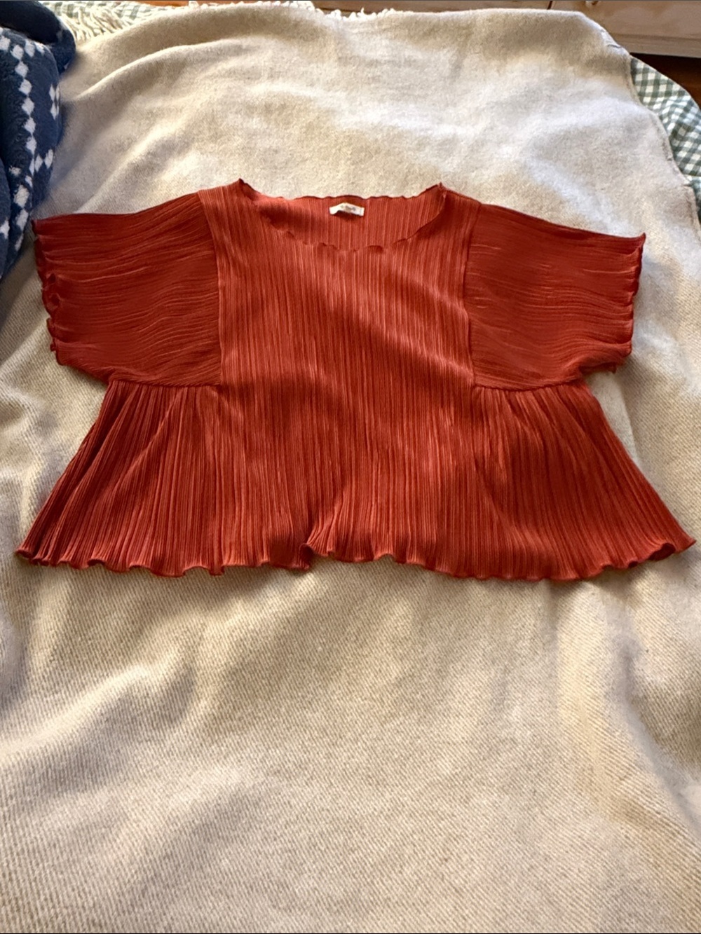 Madewell Pleated Short Sleeve Blouse in Rust Orange Size XL